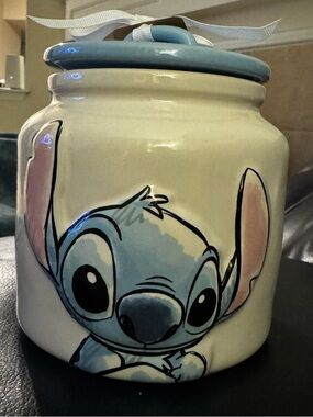 Rae Dunn Cream Ceramic Cookie Jar with Blue Lid and Stitch Design